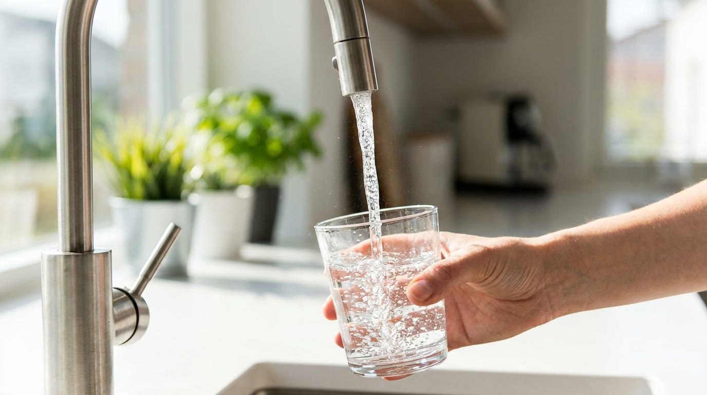 Prélèvement d'eau potable au robinet par un technicien Aquatycia